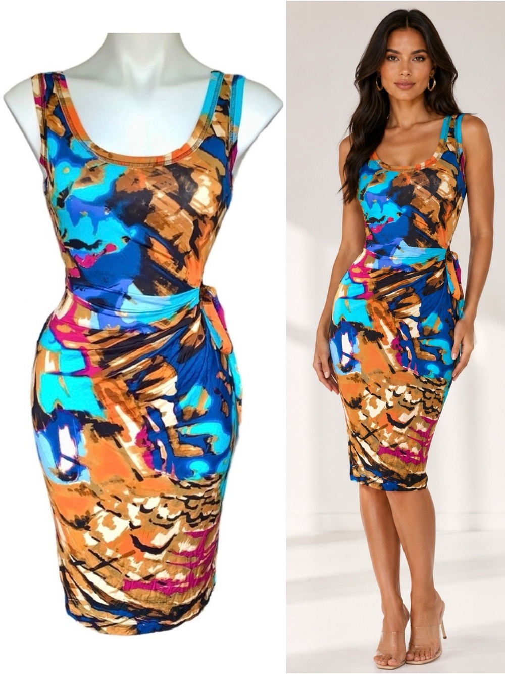 NWT Spense Abstract Colorful Ruched Waist Tie Tank Dress Turquoise